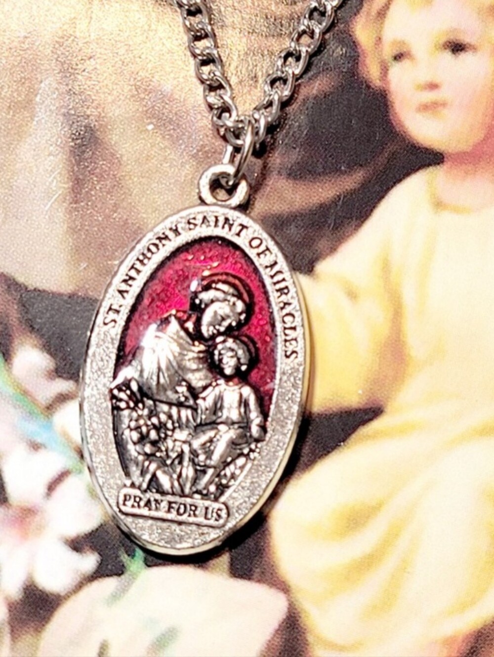 Silver and Red Oval Saint Anthony Saint Of Miracles Pray For Us Necklace